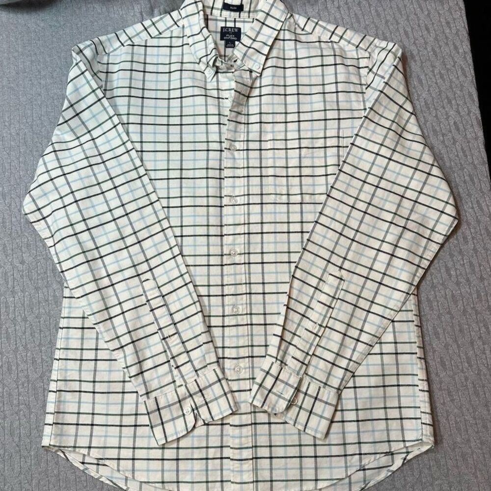 J. Crew Men's Slim Fit Plaid Button-Down Oxford Shirt, Large, Cotton
